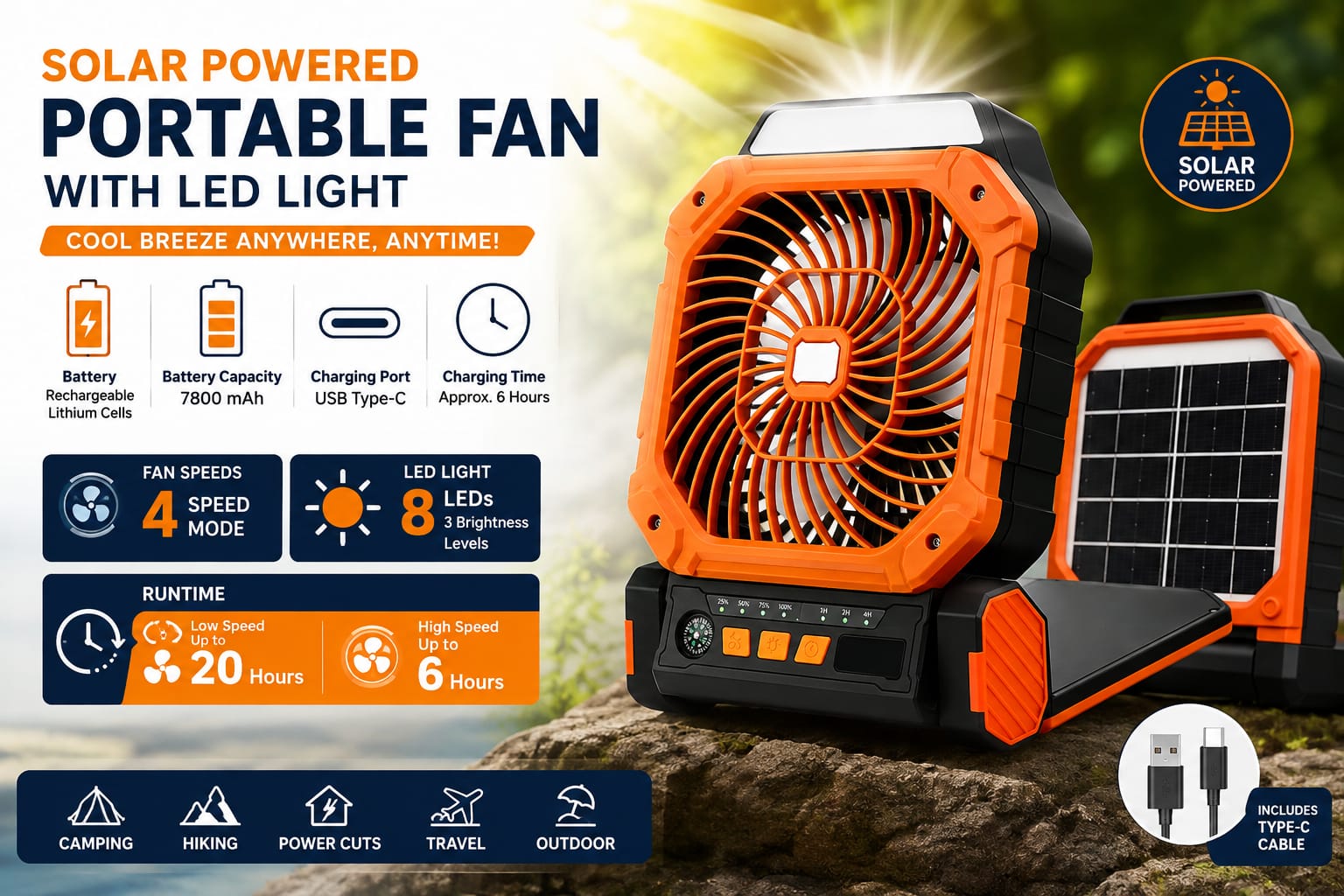 X16 Solar Powered Outdoor Camping Fan – Rechargeable Portable Fan with LED Light